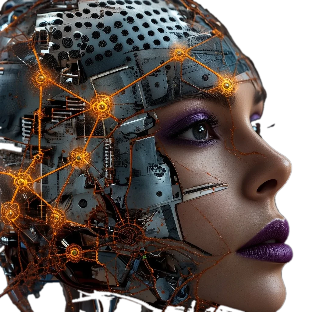 Photorealistic humanoid face with exposed circuitry and neural connections